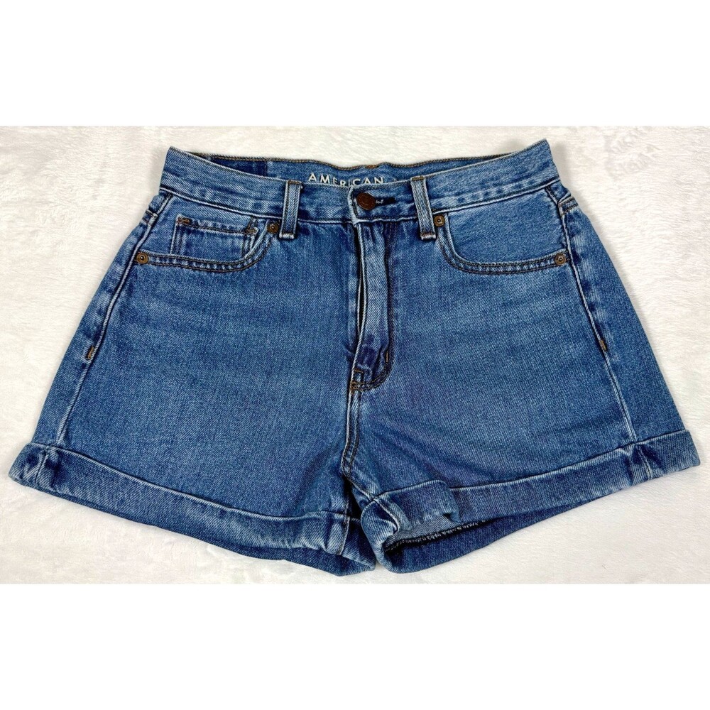 American‎ Eagle Womens Mom Shorts Size 2 Medium Wash Denim Jean Cuffed High Rise